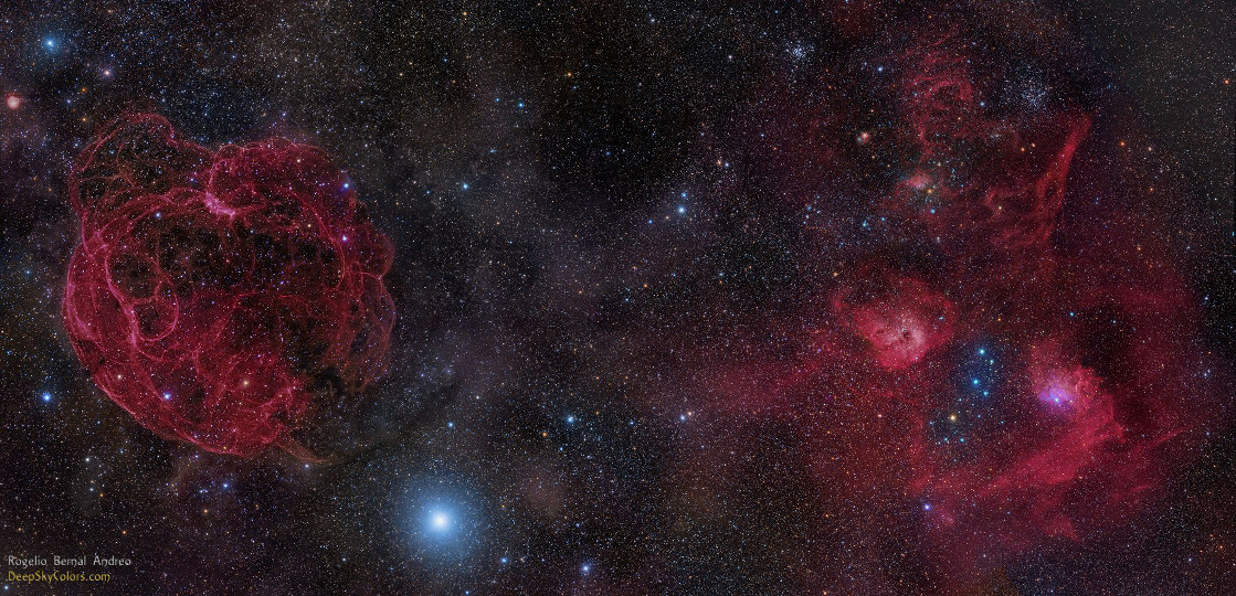 Leuchtend rote Nebel und blaue Sternhaufen an der Grenze der Sternbilder Stier und Fuhrmann sind hier abgebildet: Simeis 147, IC 410, M36, M38 und NGC 1893.